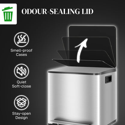 30L Dual Compartment Pedal Bin | Stainless Steel | 2x15L | Removable Buckets | Deodoriser Holders | Stay-Open | No Assembly | Silver