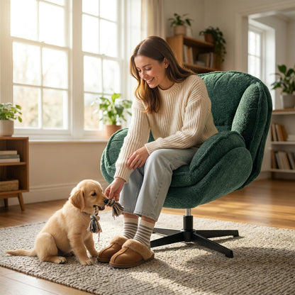 Modern Wingback Accent Chair, Velvet Armchair with Four-Star Base, S-Springs, 360° Swivel, Dark Green