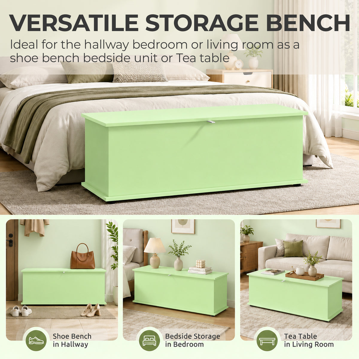 114L Green Storage Chest Bench | Wooden Blanket Box | Safety Hinge | 120kg Seat Capacity | Bedroom, Hallway & Living Room