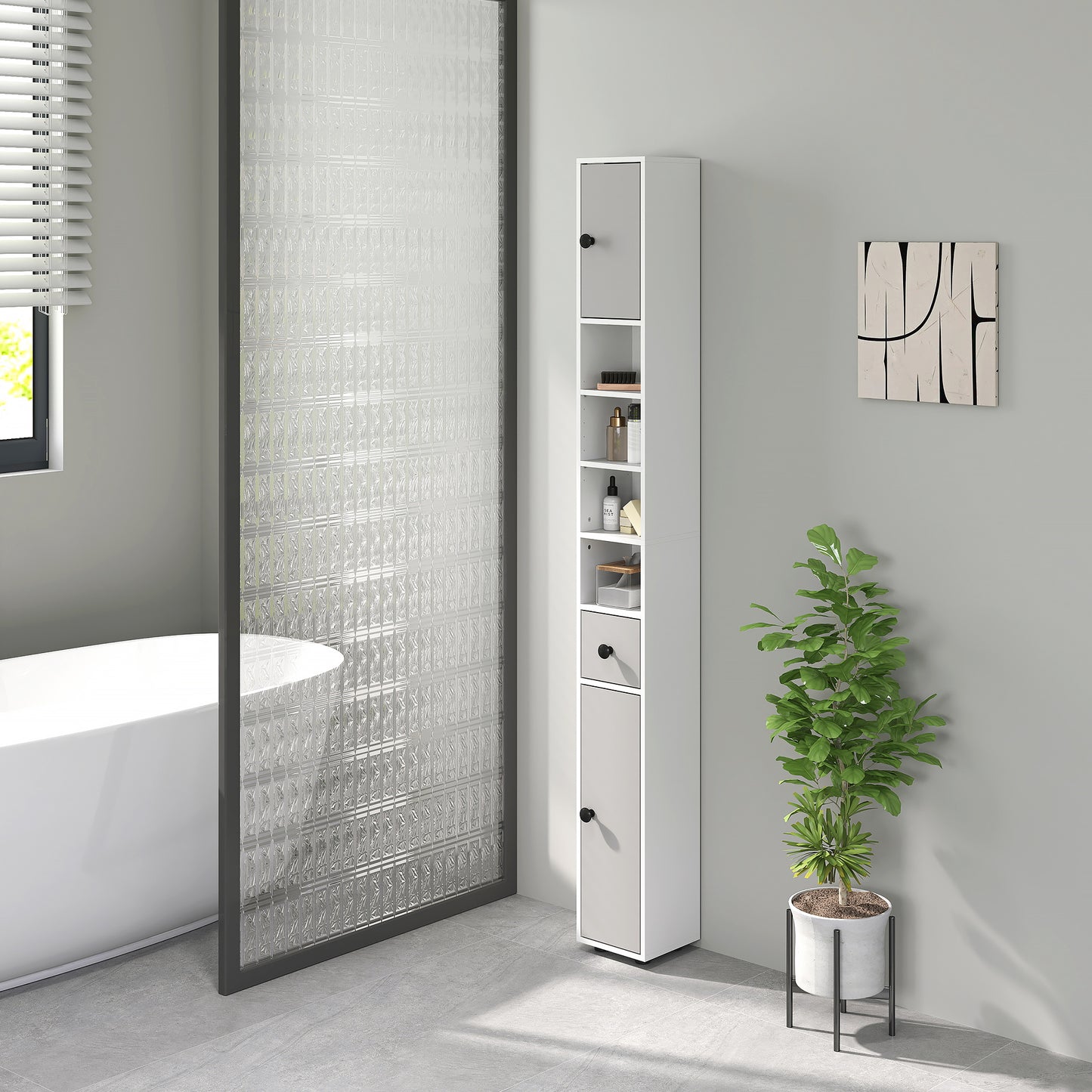 Kleankin 180cm Slim Bathroom Cabinet, with Drawer, Shelves and Cupboards - Light Grey