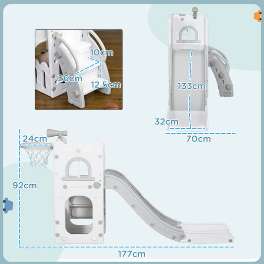 AIYAPLAY 4 in 1 Toddler Slide with Basketball Hoop, Climber, Telescope, Storage Basket, for Ages 1-3 Years, Grey