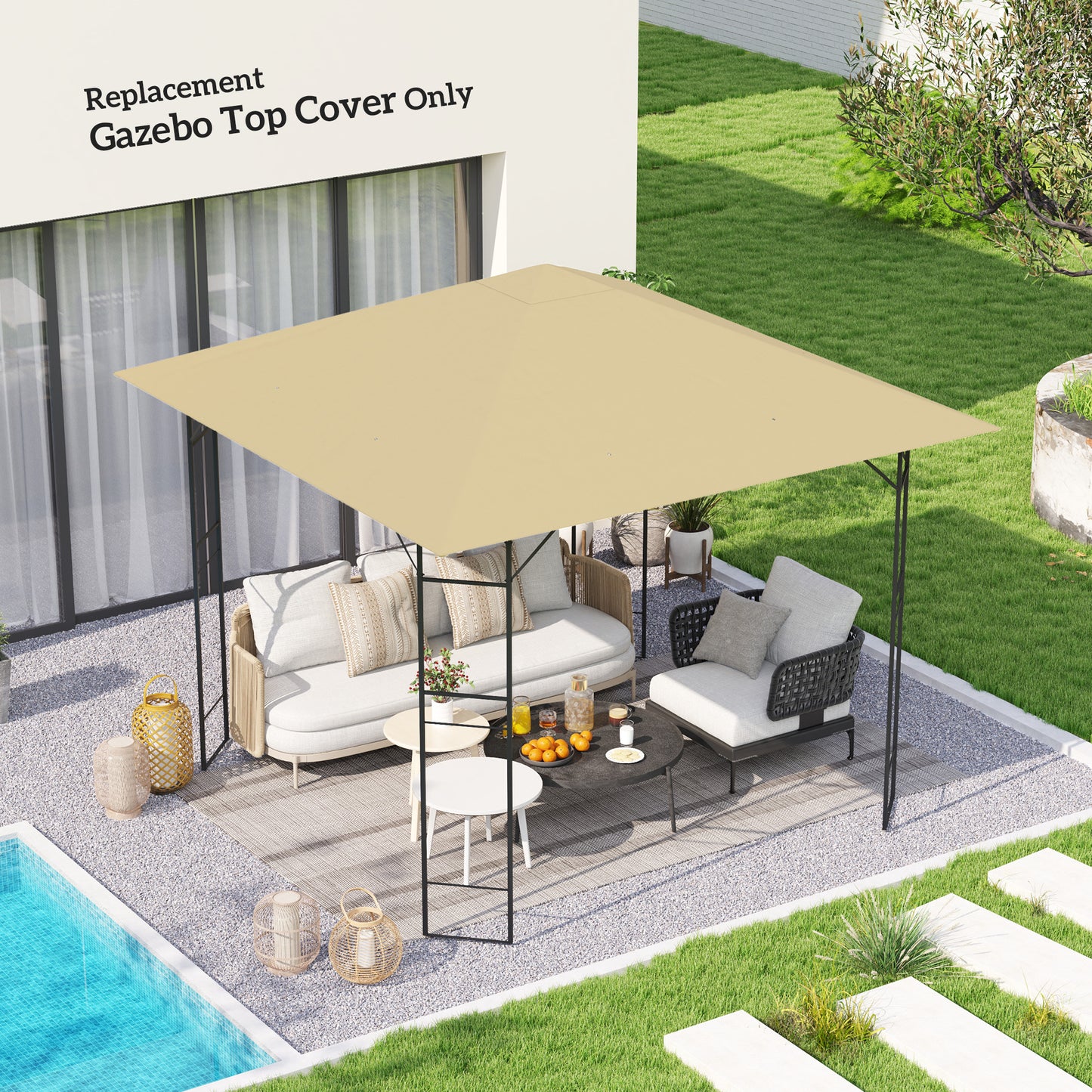 Outsunny 3 x 3(m) Gazebo Canopy Replacement Cover, Garden Gazebo Roof Replacement with Drain Holes, Water Resistant PVC Coating, 370g/㎡, UPF30+, Beige