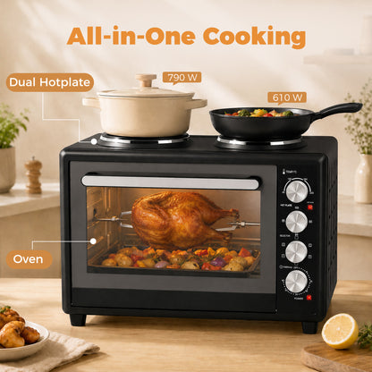 Countertop Mini Oven | Black 36L & 46L Electric Cooker with Dual Hotplates, Convection & Rotisserie