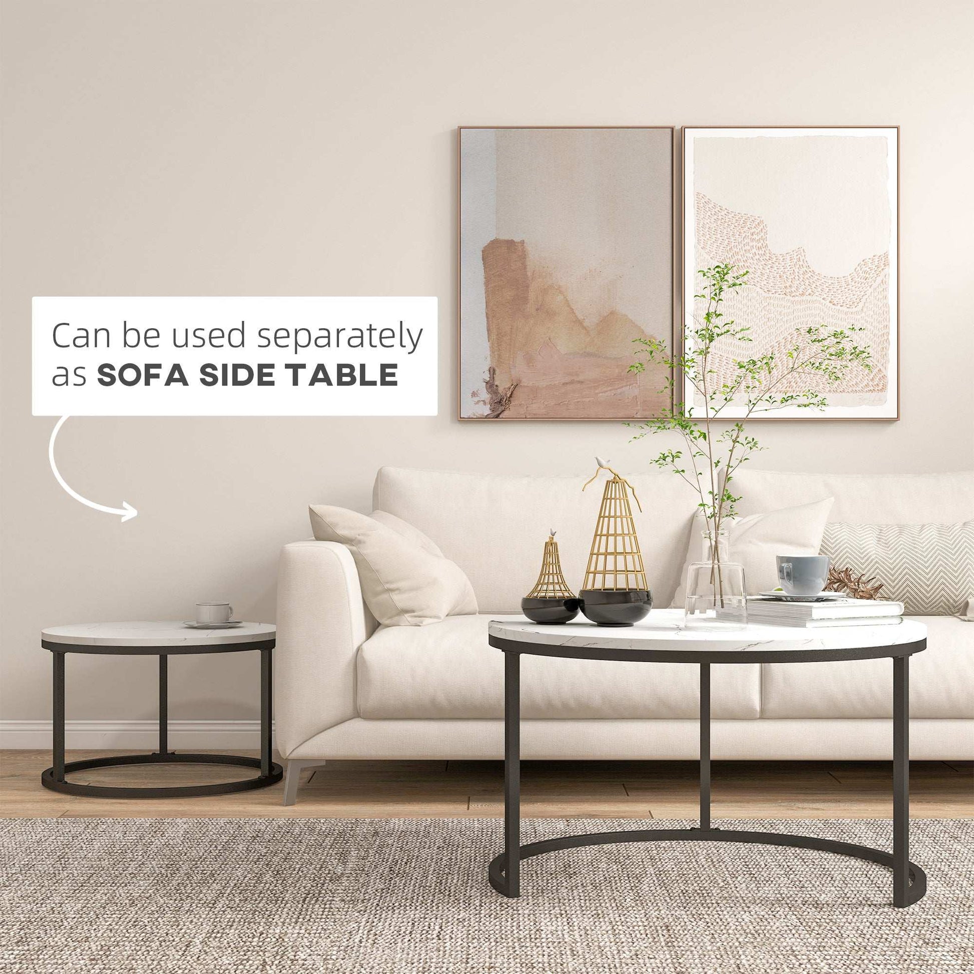 Industrial Nesting Coffee Table Set of 2, Round Coffee Tables, Living Room Table with Faux Marbled Top and Steel Frame