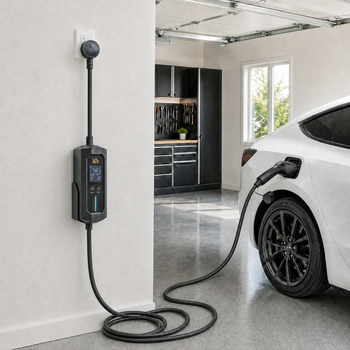 2.8kW Type 2 EV Charger with UK 3-Pin Plug | 10m IP65 TPU Cable | 6-13A Adjustable | LCD Display | 1-12h Delay Timer | ST MCU Chip | CE RoHS | -30°C to +50°C | Black