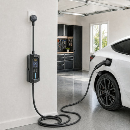 2.8kW Type 2 EV Charger with UK 3-Pin Plug | 10m IP65 TPU Cable | 6-13A Adjustable | LCD Display | 1-12h Delay Timer | ST MCU Chip | CE RoHS | -30°C to +50°C | Black