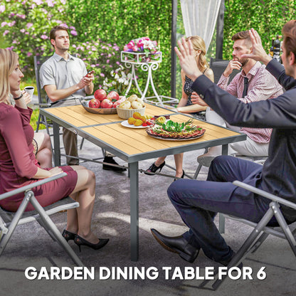 Outsunny Garden Table for 6, Outdoor Dining Table with 5cm Umbrella Hole, Wood Effect Top, Rust Resistant Frame, for Patio, Balcony, Terrace, 150 x 90 cm