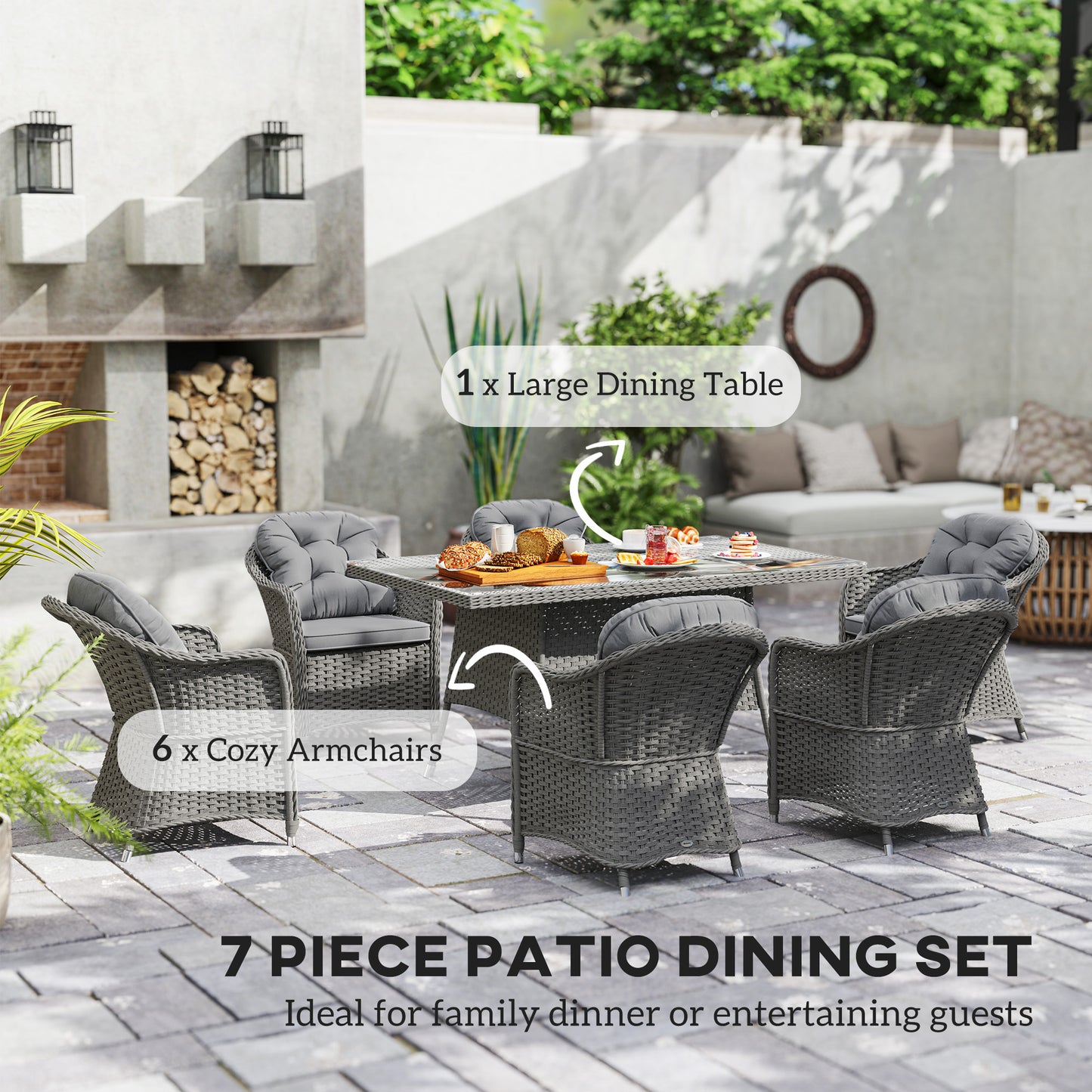 6 Seater Outdoor Garden Furniture Dining Set with Seat and Back Cushions, PE Rattan Table and Chairs, Rectangular Glass Top Table