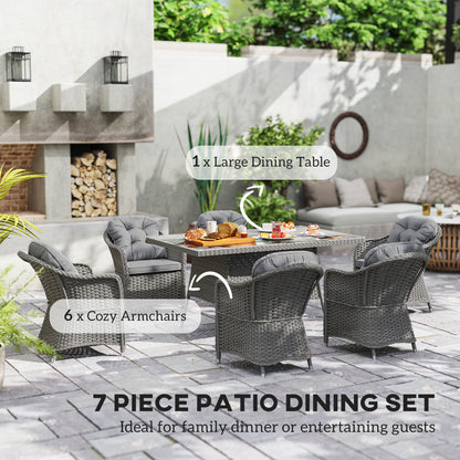 6 Seater Outdoor Garden Furniture Dining Set with Seat and Back Cushions, PE Rattan Table and Chairs, Rectangular Glass Top Table