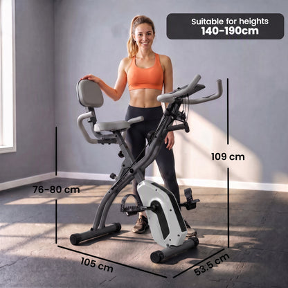 4-in-1 Folding Exercise Bike | Upright & Recumbent | Resistance Bands | Bluetooth App Compatible | 8-Level Magnetic Resistance | 40dB | LCD Display | Folds to 53.5x48x135cm | 120kg | Grey