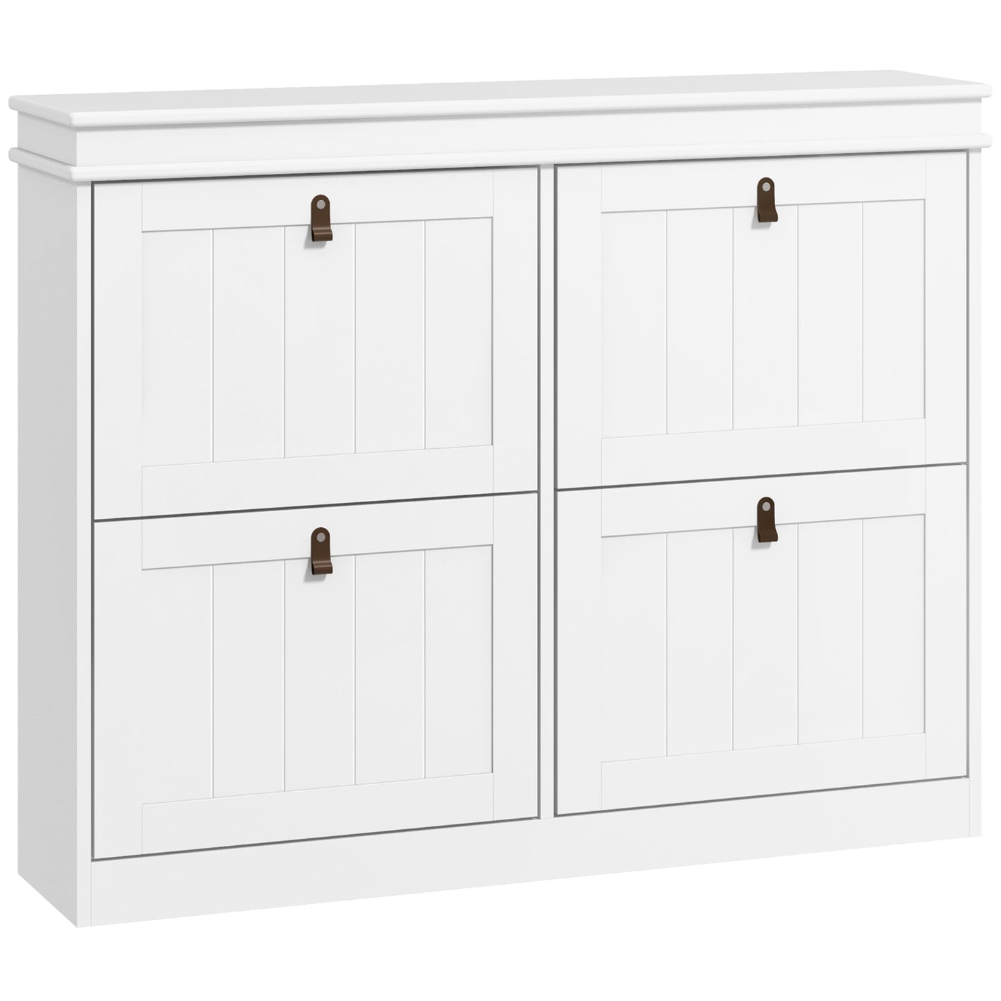 Slim Shoe Cabinet | 4 Drop-Down Doors | 16-20 Pairs | Adjustable Shelves | Anti-Tip | White | 105x24cm