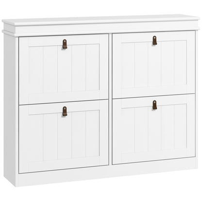 Slim Shoe Cabinet | 4 Drop-Down Doors | 16-20 Pairs | Adjustable Shelves | Anti-Tip | White | 105x24cm