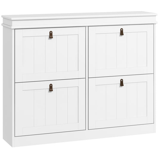 Slim Shoe Cabinet | 4 Drop-Down Doors | 16-20 Pairs | Adjustable Shelves | Anti-Tip | White | 105x24cm