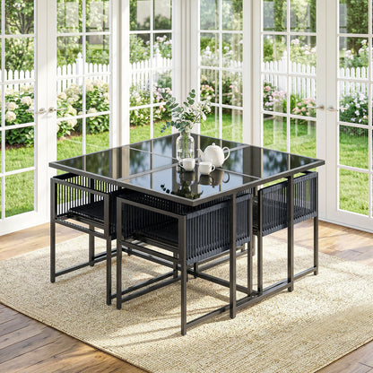 5-Piece Garden Dining Set | Tempered Glass Table | Foldable Chairs | Texteline | Dark Grey