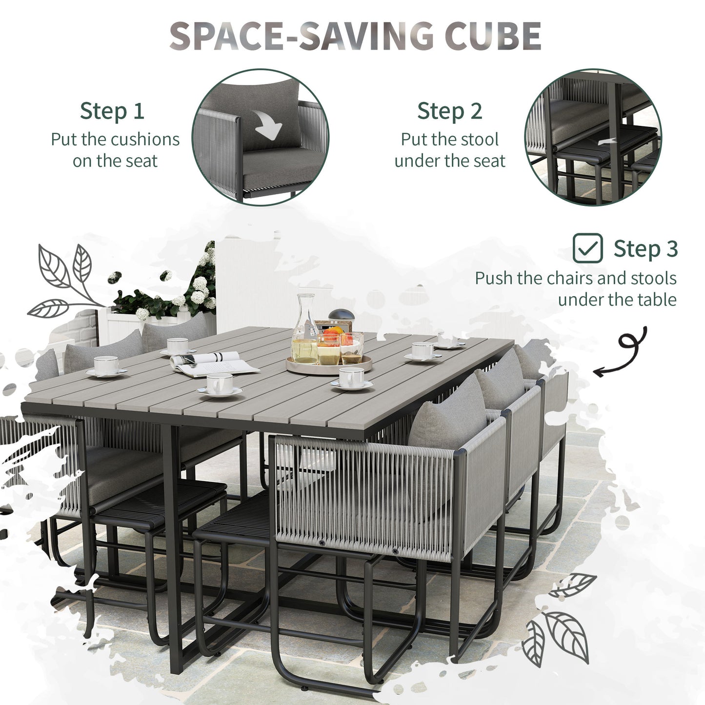 10 Seater Rattan Cube Garden Furniture Set, Rattan Dining Set with Cushions, Outdoor Dining Table and Chairs with 6 Armchairs, 4 Stools - Grey