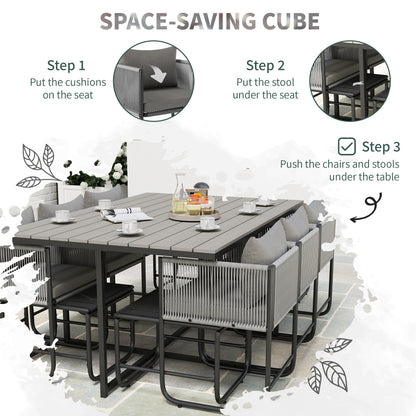10 Seater Rattan Cube Garden Furniture Set, Rattan Dining Set with Cushions, Outdoor Dining Table and Chairs with 6 Armchairs, 4 Stools - Grey