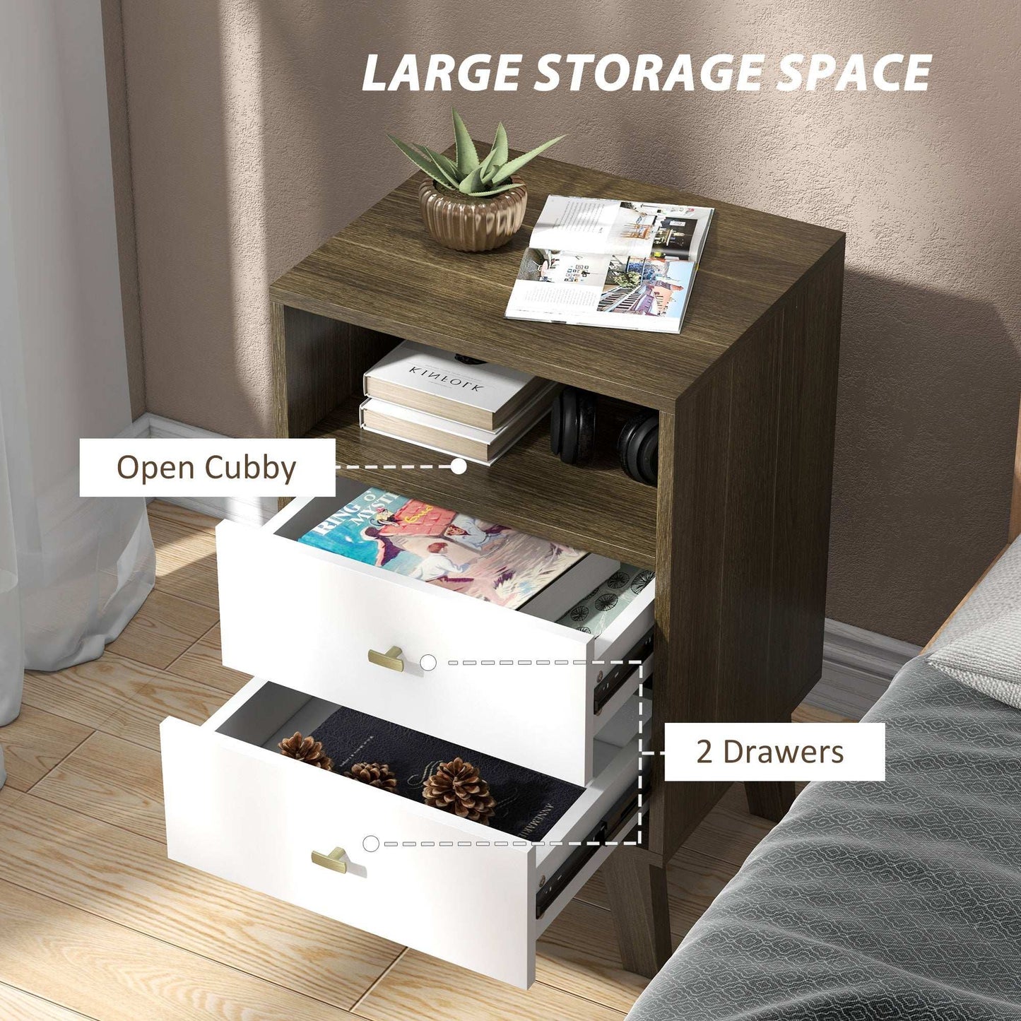 Industrial-Scandinavian Mix Bedside Table, with Drawers and Shelf