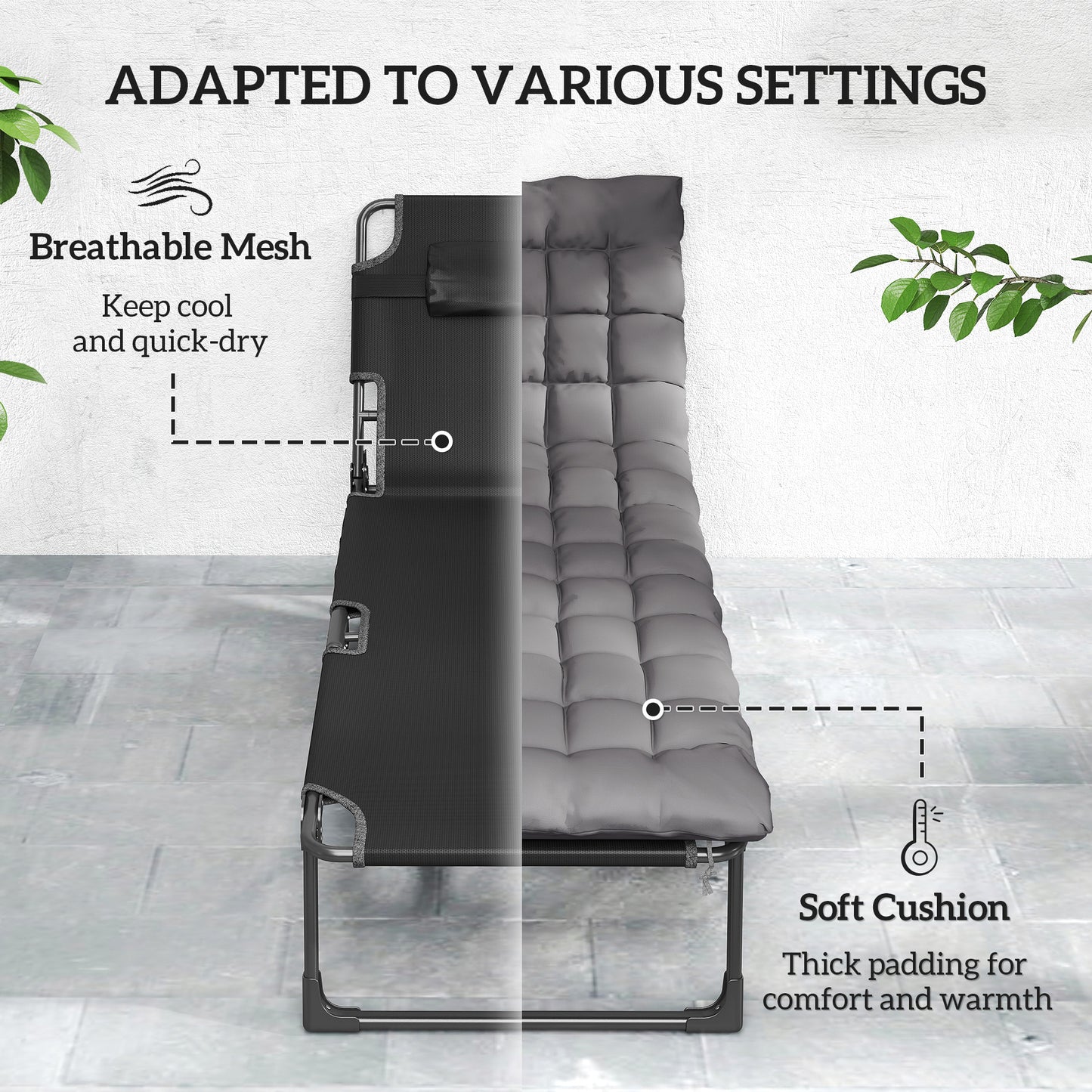 Folding Sun Lounger Camping Bed | 5 Position Recline | 68cm Mesh Seat | Removable Cushion & Headrest | Portable | 120kg | Dark Grey