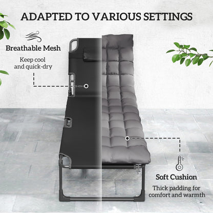 Folding Sun Lounger Camping Bed | 5 Position Recline | 68cm Mesh Seat | Removable Cushion & Headrest | Portable | 120kg | Dark Grey
