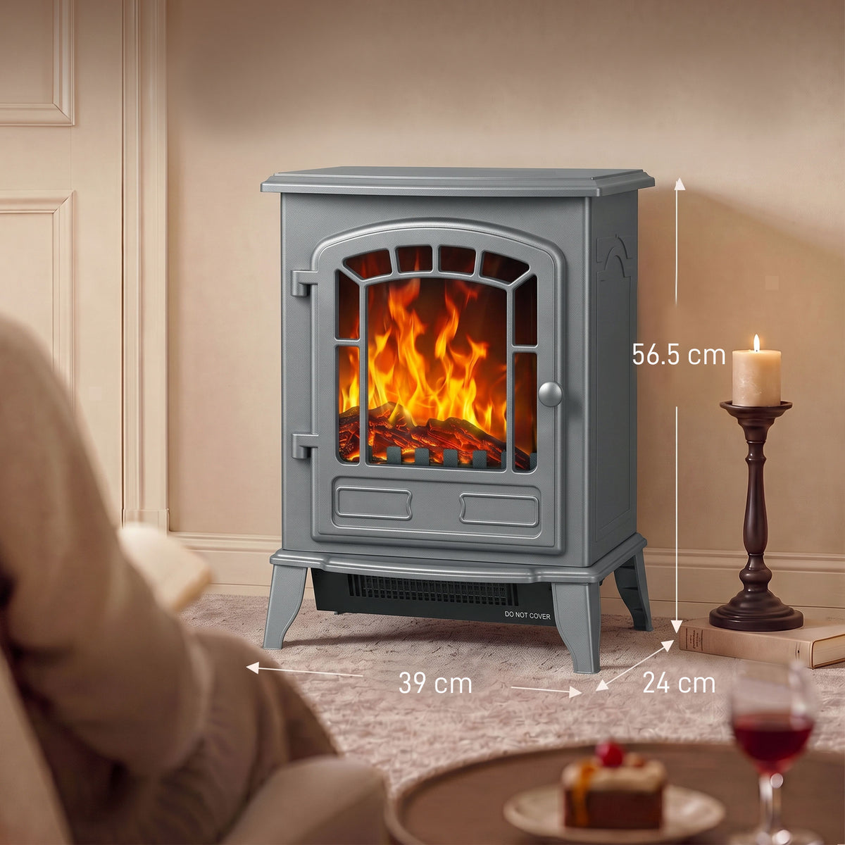 Freestanding Electric Fireplace Stove | 1000W/2000W | LED Flame Effect | Adjustable Thermostat | Grey