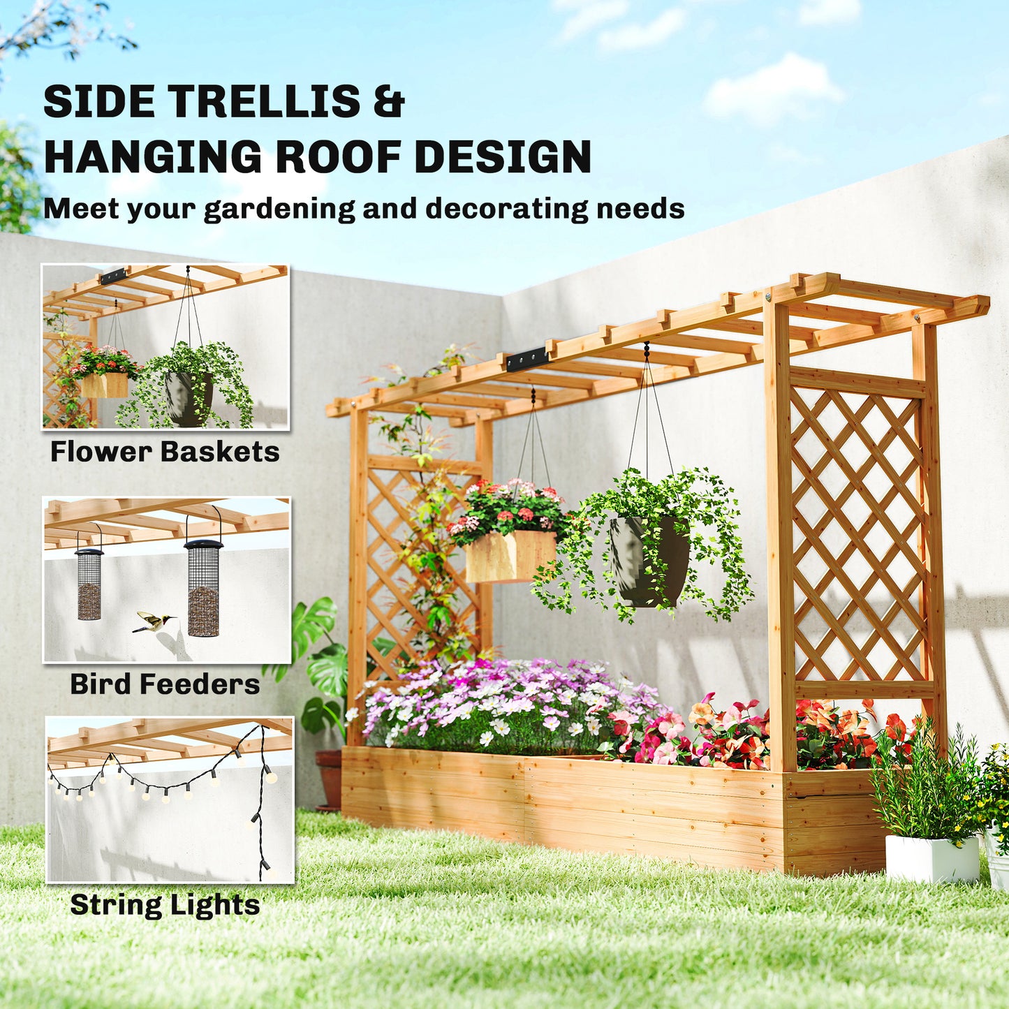 Wooden Raised Planter with Trellis & Hanging Roof Rails | Fir Wood | 2 Side Trellises | 8 Drainage Holes | 175x39cm Bed | 10kg Max | 200x44x113.5cm | Natural Wood Finish