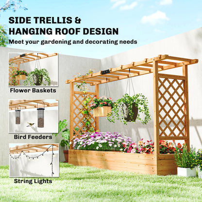 Wooden Raised Planter with Trellis & Hanging Roof Rails | Fir Wood | 2 Side Trellises | 8 Drainage Holes | 175x39cm Bed | 10kg Max | 200x44x113.5cm | Natural Wood Finish
