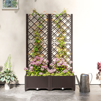 PP Raised Garden Bed with Trellis | 8 Drainage Holes & Drain Plugs | 20kg Capacity | 80x40x123cm | Indoor & Outdoor | Climbing Plants Veg & Flowers | Brown