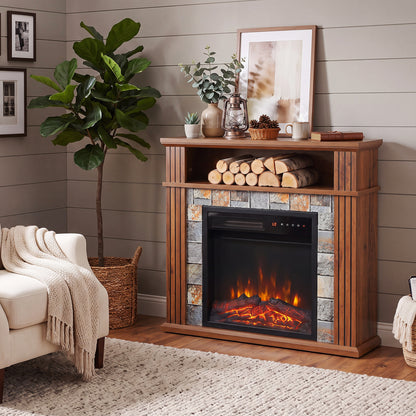 Electric Fireplace Suite | 1800W Fire & Wood-Effect Surround | 78cm, Open Shelf & Roman-Style Pillars | Remote, Timer & Memory