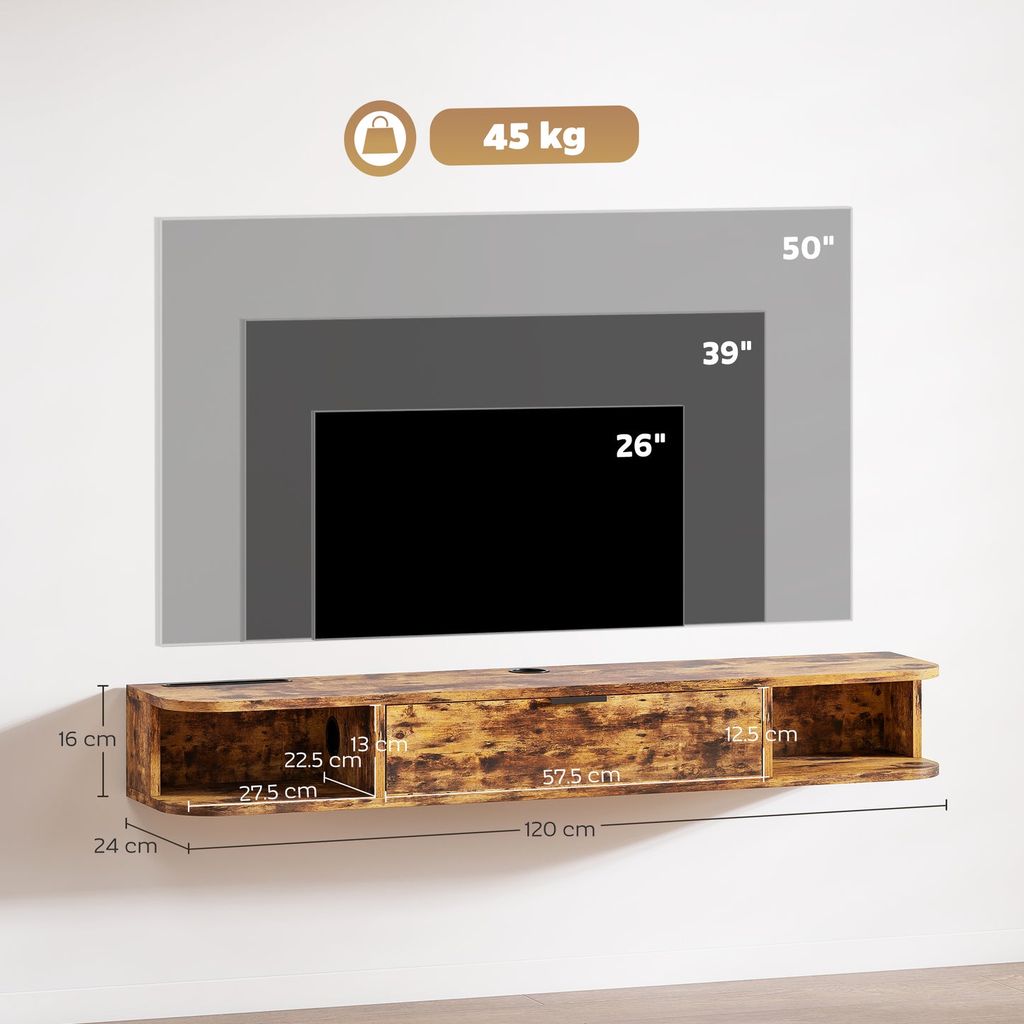 120 cm Floating TV Unit for TVs up to 50 Inch - Rustic Brown