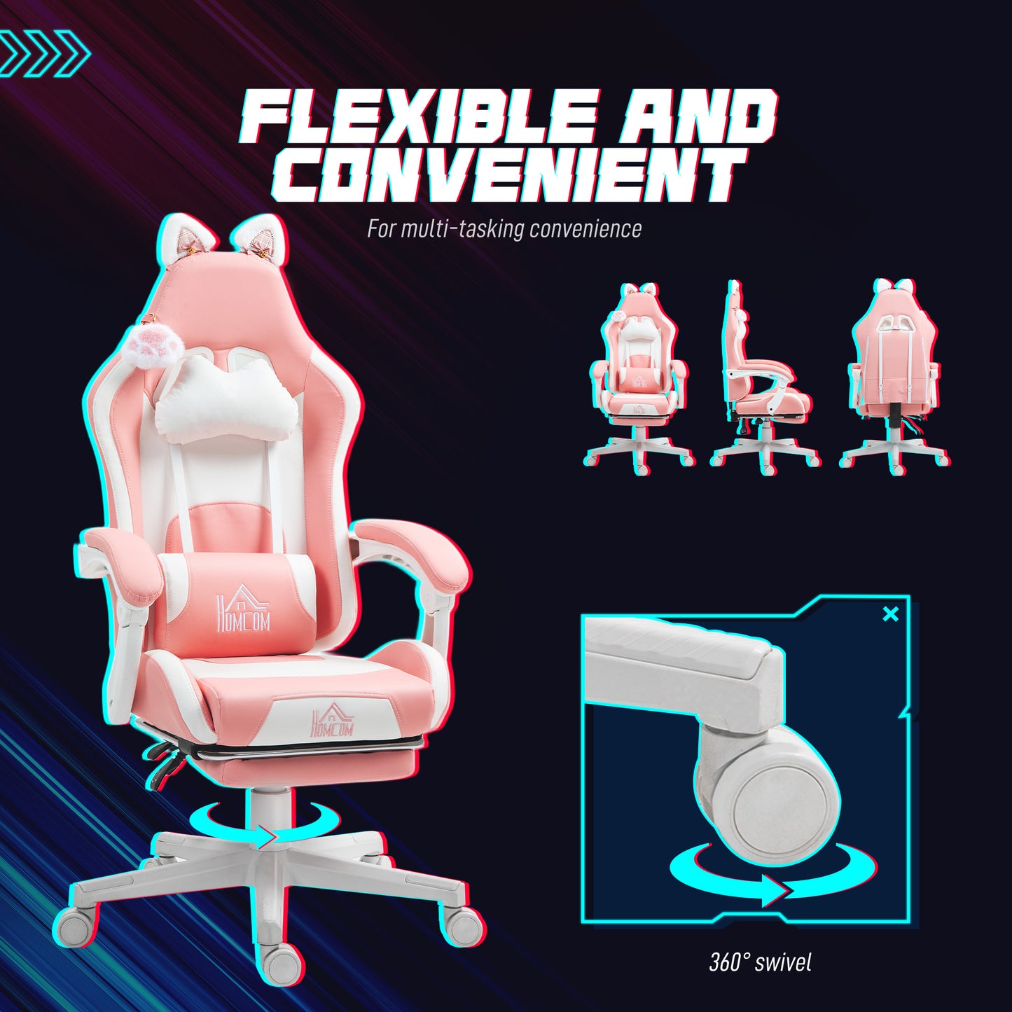 Cat Ear and Paw Reclining Office Chair, with Footrest - Pink/White
