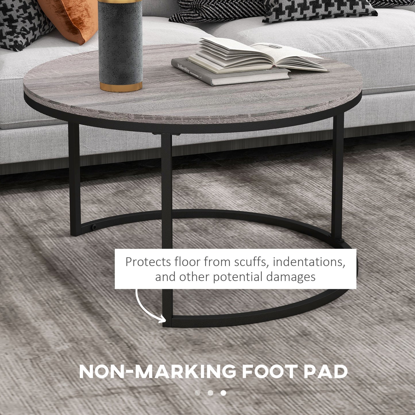 Industrial Nesting Coffee Table Set of 2, Round Coffee Tables, Living Room Table with Wood Effect Top and Steel Frame