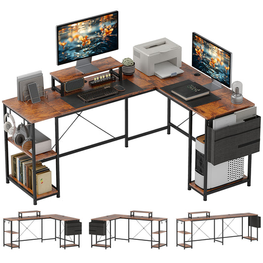 168cm Reversible L Shaped Desk, Industrial Corner Computer Desk with Adjustable Shelf and Storage Bag, 240cm 2 Person Desk with Monitor Stand