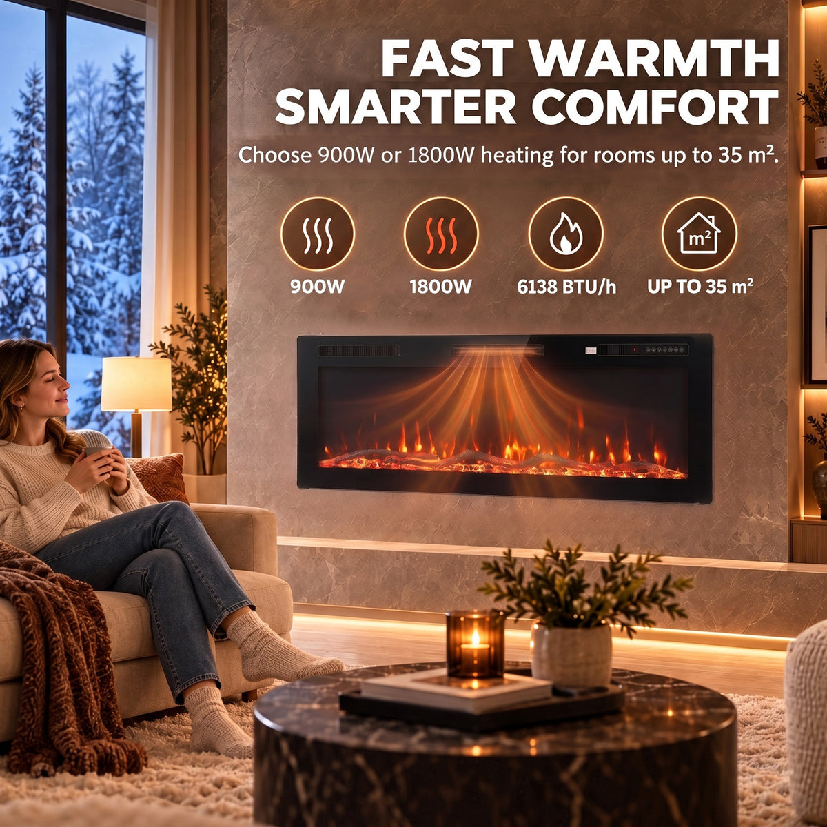 127cm Slim Electric Fireplace | Wall Mounted, Recessed or Freestanding | 900/1800W, 12 Flame Colours, Remote, ECO & 7-Day Timer | Black
