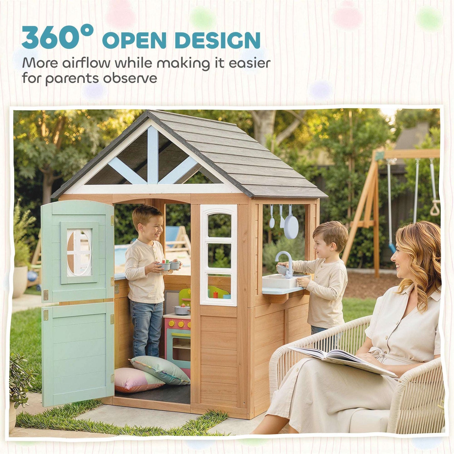 Wooden Wendy House with Play Kitchen & Pet Door | Half Door & Windows | Fir Wood | Low-Odour Paint | Indoor & Outdoor | Ages 2+ | 115.5x97.3x140cm | Natural Wood