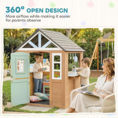 Wooden Wendy House with Play Kitchen & Pet Door | Half Door & Windows | Fir Wood | Low-Odour Paint | Indoor & Outdoor | Ages 2+ | 115.5x97.3x140cm | Natural Wood