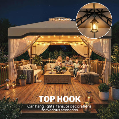 3x3.6m Garden Gazebo | Double-Tier UPF50+ Roof | 4 Mesh Panels | Triangular Powder-Coated Metal Frame | Corner Shelves | Roof Drainage Holes | Expansion Screws & Ground Stakes | Ceiling Hook | Khaki