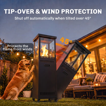 13kW Gas Patio Heater | Propane & Butane | Stepless Control | Piezo Ignition | Tempered Glass Wind Guard | 45° Tilt Shut-Off | Lava Rocks | 4 Wheels (2 Lockable) | 30m² | 46x46x137cm | Black