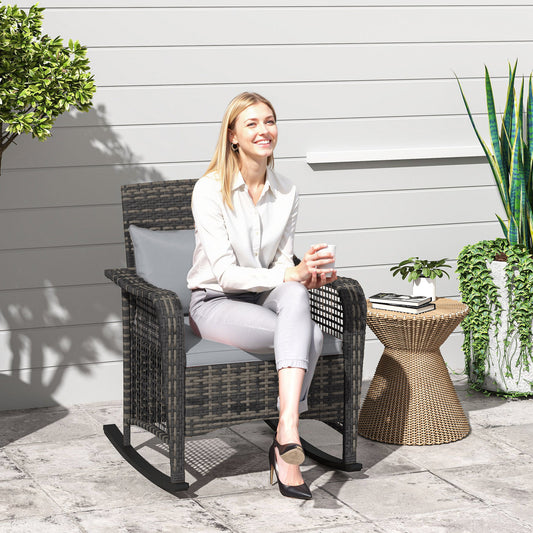 Garden Rocking Chair, Outdoor Rattan Rocker Lounge Chair with Seat and Back Cushions with All-weather Wicker, Steel Frame for Porch Balcony, Light Grey