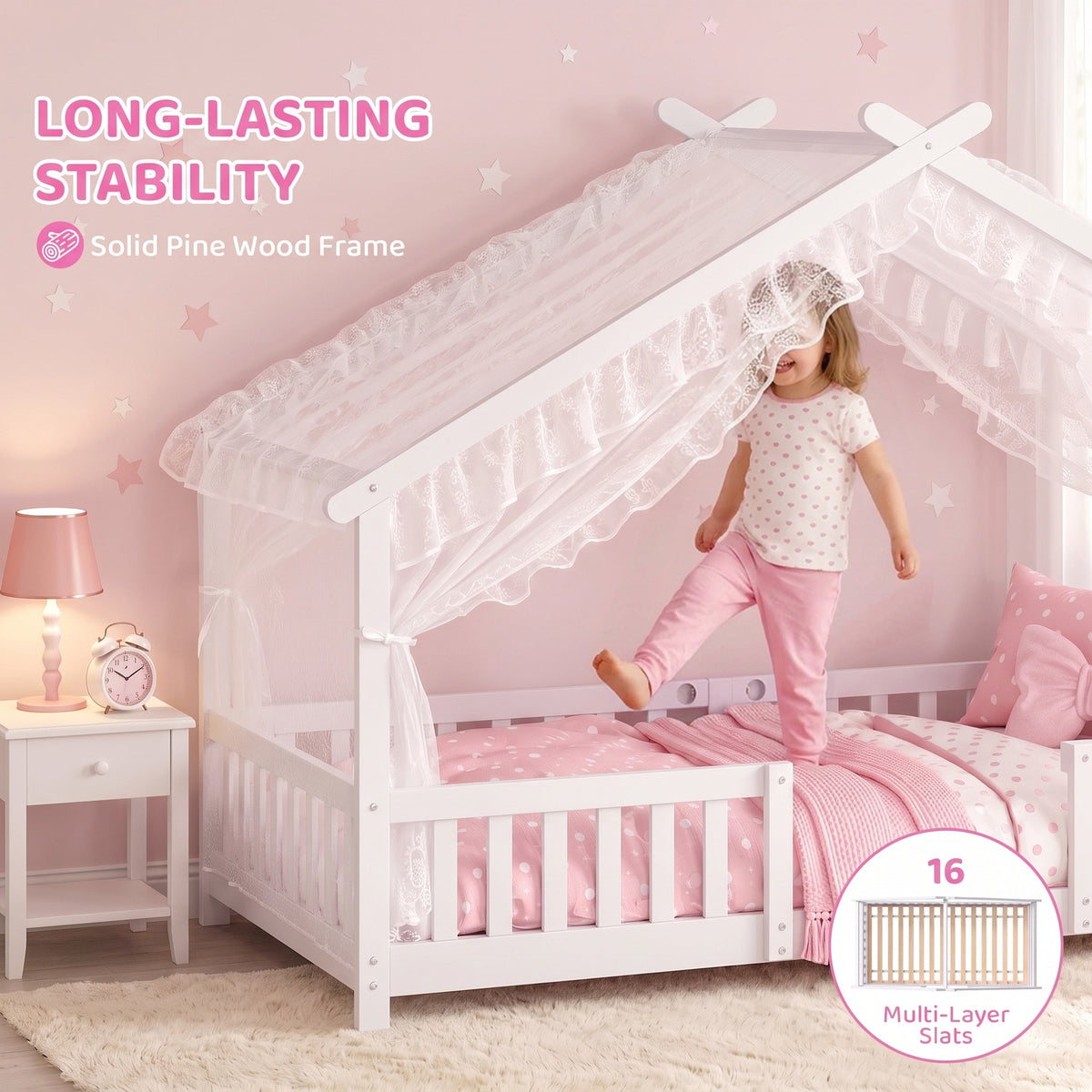 Kids House Single Bed Frame | Solid Pine Wood | House-Shaped Roof Design | Dual Guardrails | 5.5cm Low Floor Height | Fits 200x90cm Mattress | Max 110kg | 217x94x140cm | White or Pink