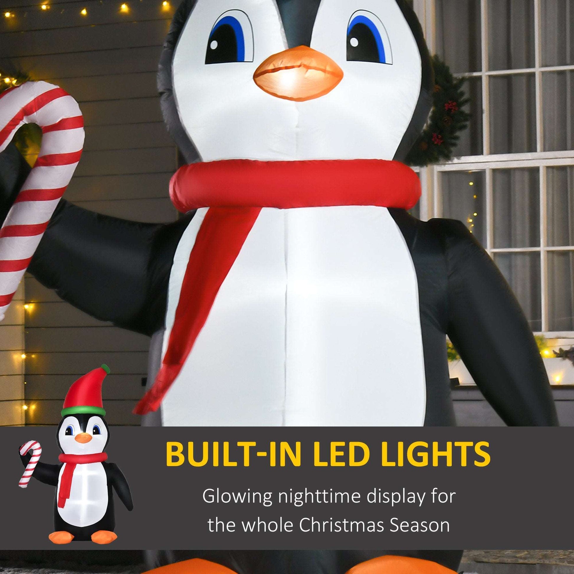 2.5m Inflatable Penguin Holding Candy Cane Blow Up Outdoor Decoration With LED Lights