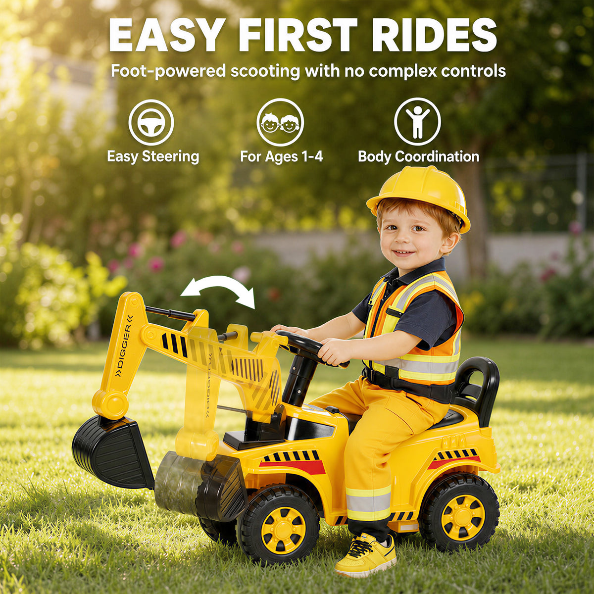 AIYAPLAY Kids Ride-On Digger | Foot-Powered Excavator | Detachable Digging Arm & Bucket | Horn & Helmet | Yellow & Black | Ages 1–4