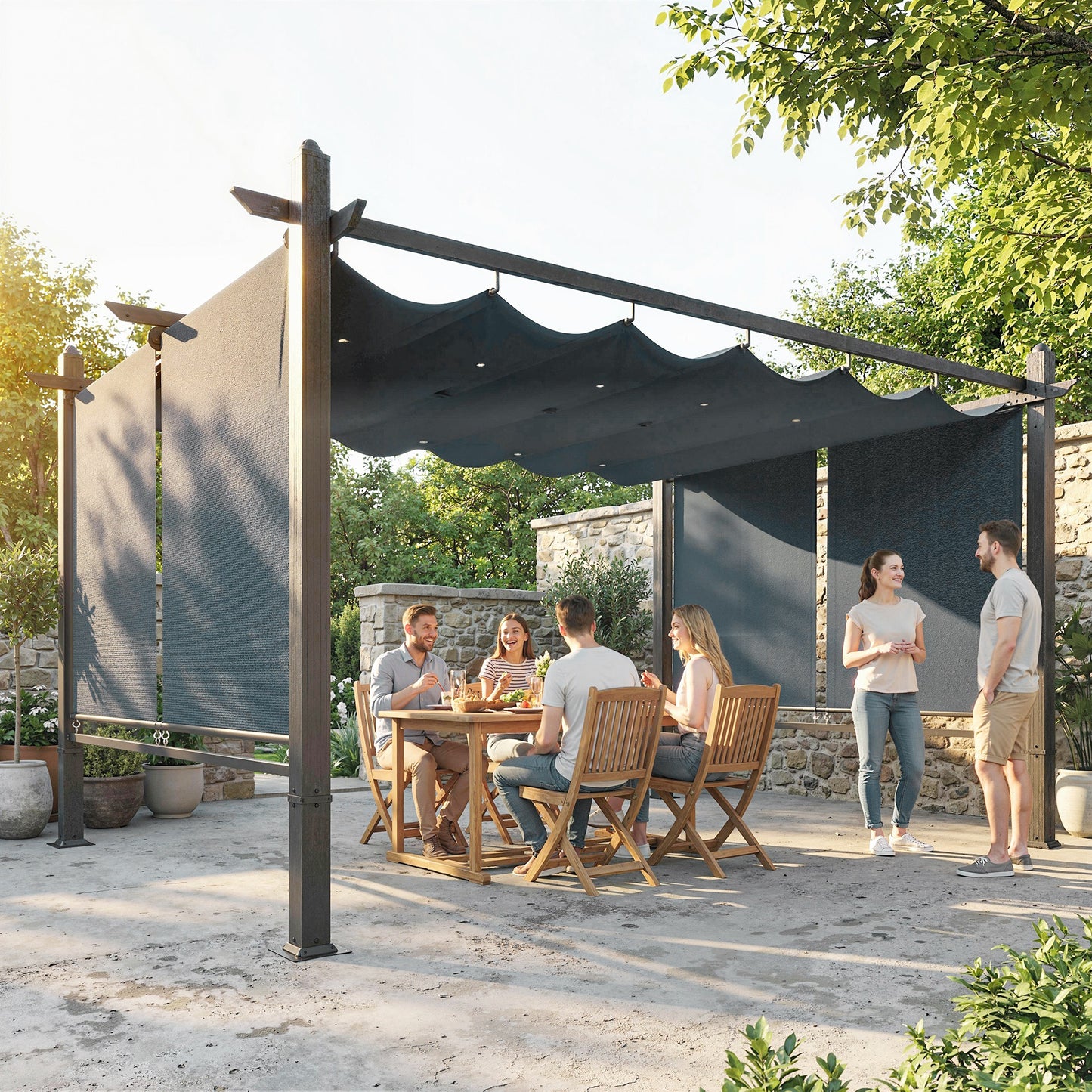 4x3m Garden Pergola | Retractable Roof Canopy | Roll-Up Sides | UV50+ | Rust-Resistant Aluminium | Smooth Sliding Rails | Windproof Level 6 | Snow Rated | Ground Stakes | Dark Grey