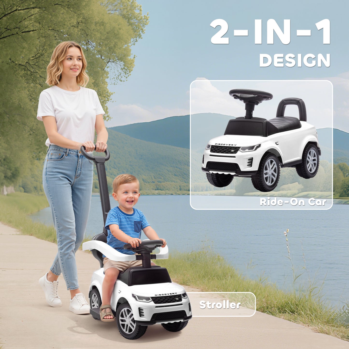 AIYAPLAY LAND ROVER DISCOVERY Licensed Baby Push Car, 2-in-1 Ride on Car with Push Handle and Safety Guardrail, White