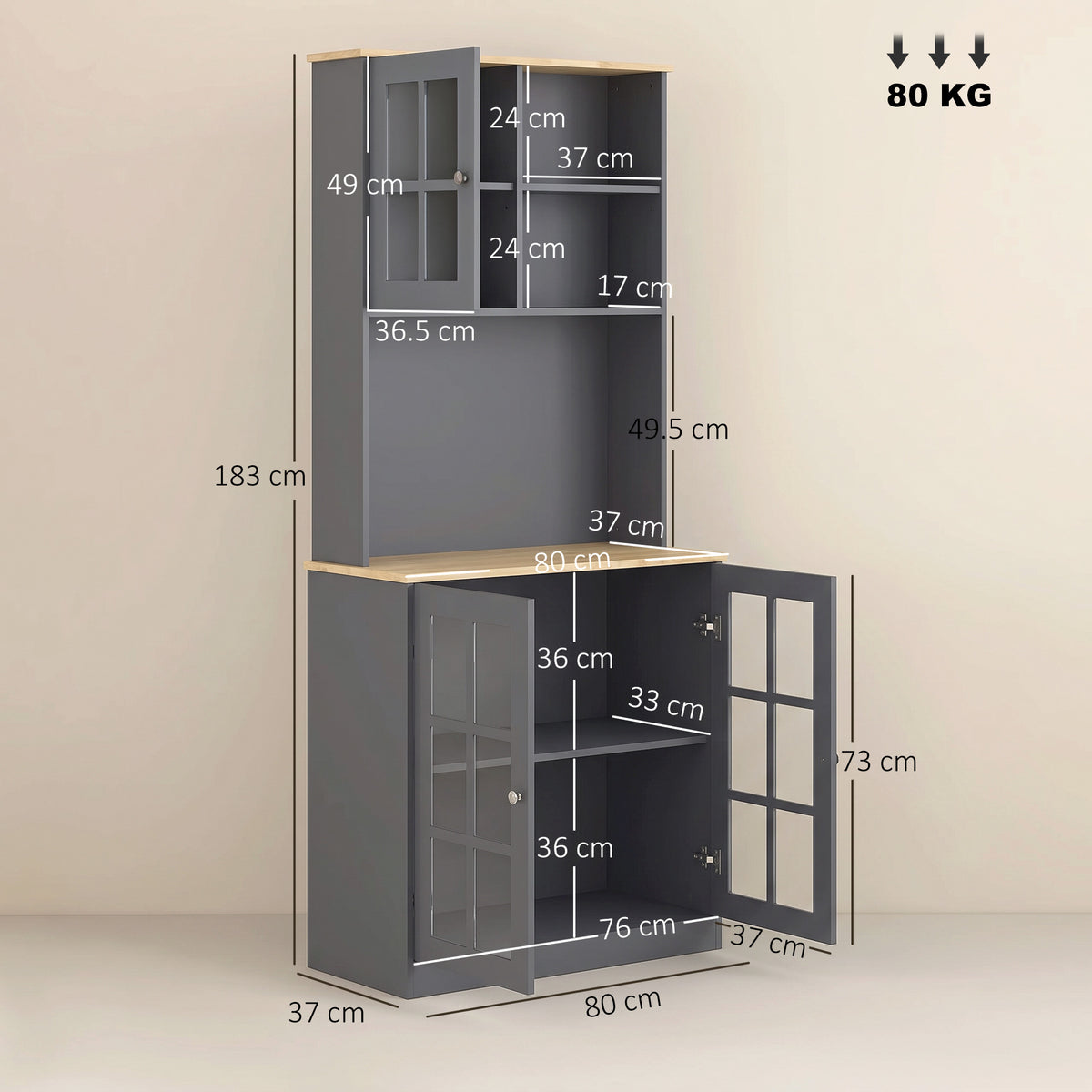 Kitchen Pantry Storage Cabinet | Grey & Oak Buffet Hutch with 3 Cabinets, Adjustable Shelf, 2 Open Shelves & Countertop | 80 x 37 x 183 cm