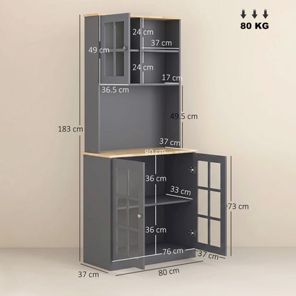 Kitchen Pantry Storage Cabinet | Grey & Oak Buffet Hutch with 3 Cabinets, Adjustable Shelf, 2 Open Shelves & Countertop | 80 x 37 x 183 cm