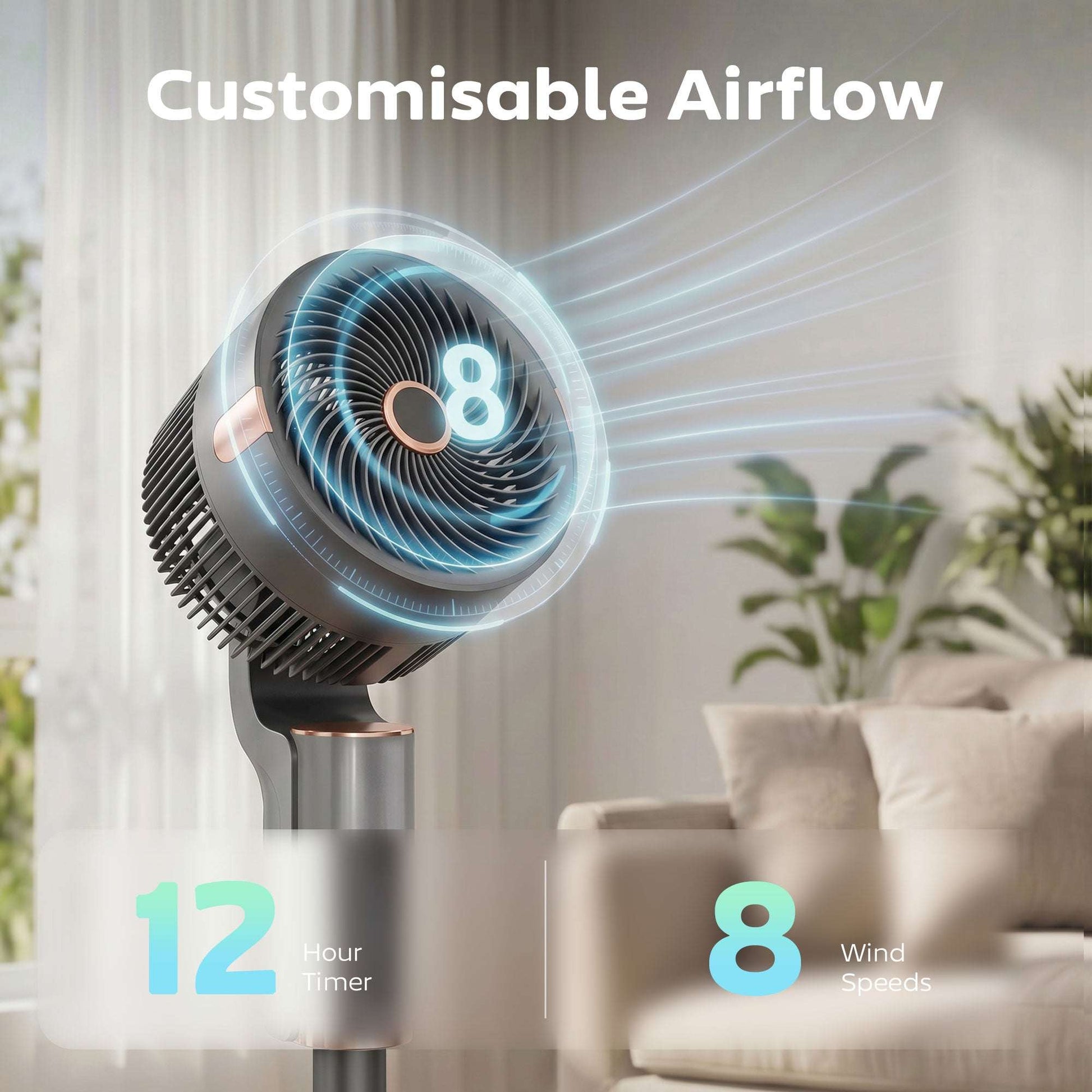 Pedestal Standing Fan | 20dB Sleep Mode | 8 Speeds | 9.5m³/min Airflow | 3D Oscillation | Aromatherapy Pad | Blue Mood Light | Detachable Grill | 5m Remote | 12H Timer | 50W | 110cm | Grey