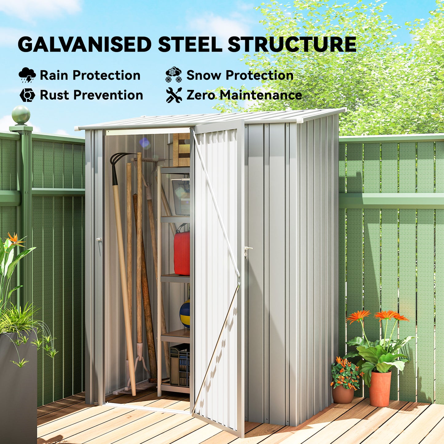 Corrugated Galvanised Steel Garden Storage Shed | Sloped Roof | Tall Latch Door | Pre-Drilled Panels | Weather-Resistant Coat | 142x86x189cm | 1.07m² | Tools & Bins | Aluminium Grey