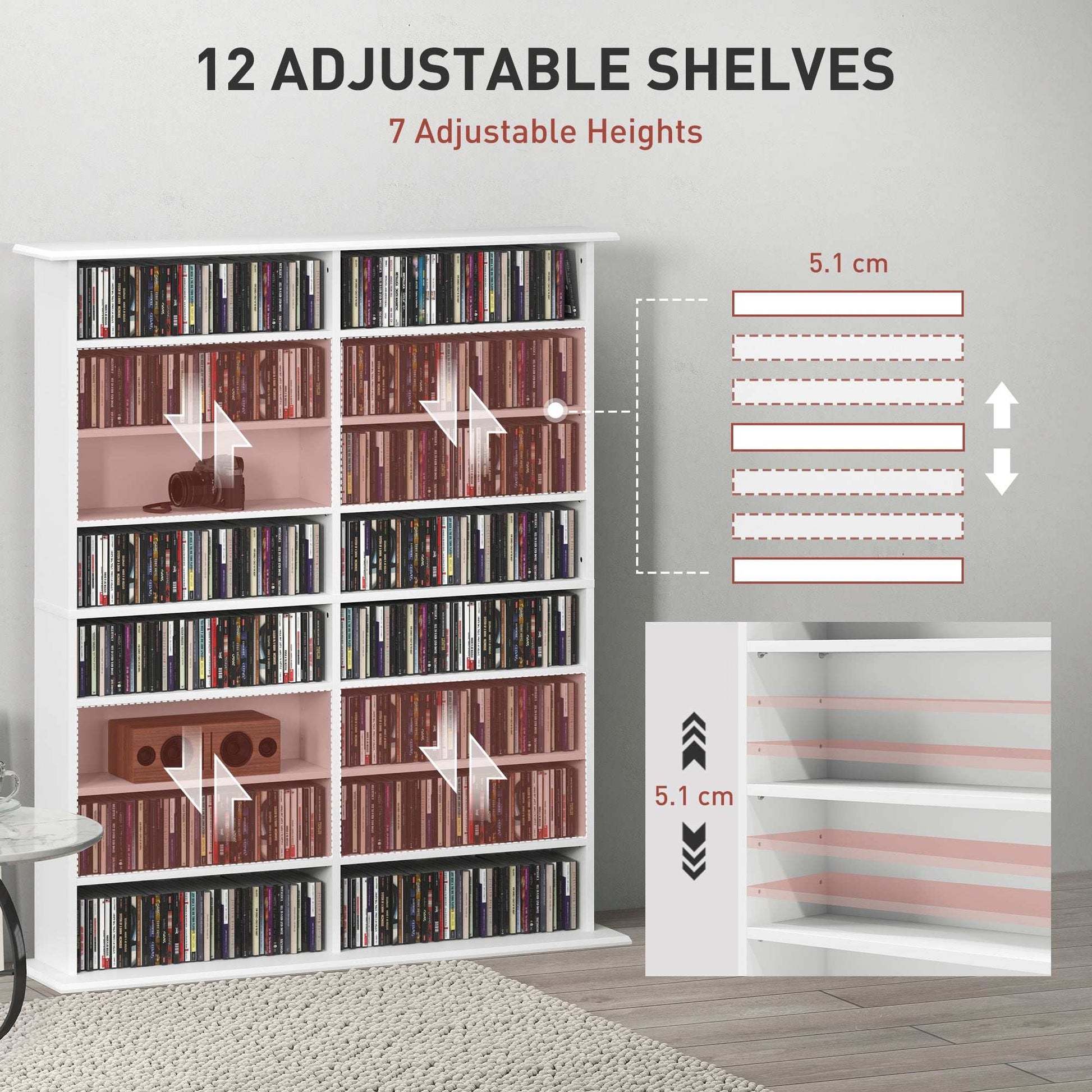 16-Compartment Media Shelf Unit Organiser - White / Brown