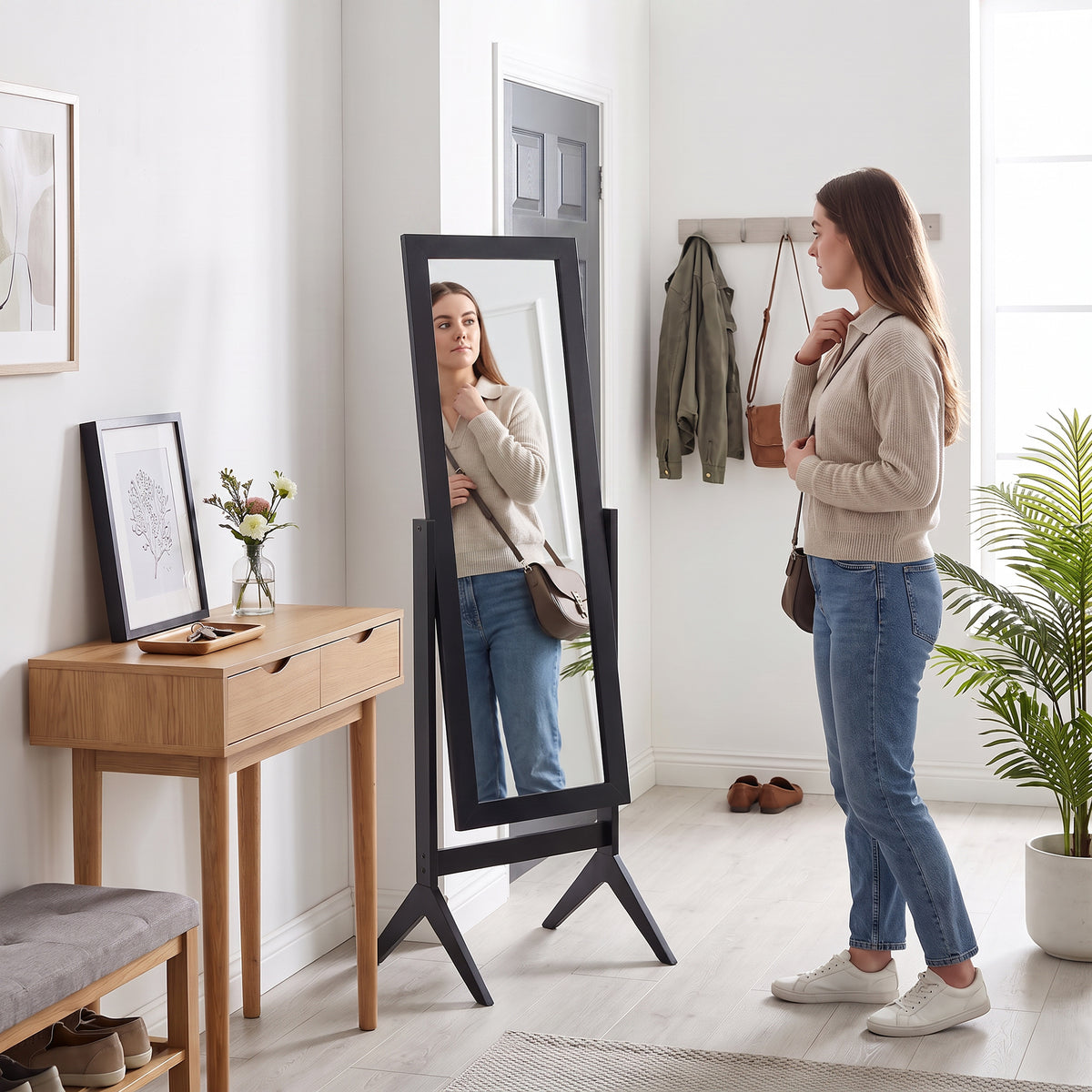 Freestanding Full-Length Dressing Mirror | Black E1 MDF & Glass | 47x46x148cm | Mirror 118x42cm | Tilts to 2 Angles | 4-Foot Stable Base | Bedroom Bathroom Hallway | Flat Pack