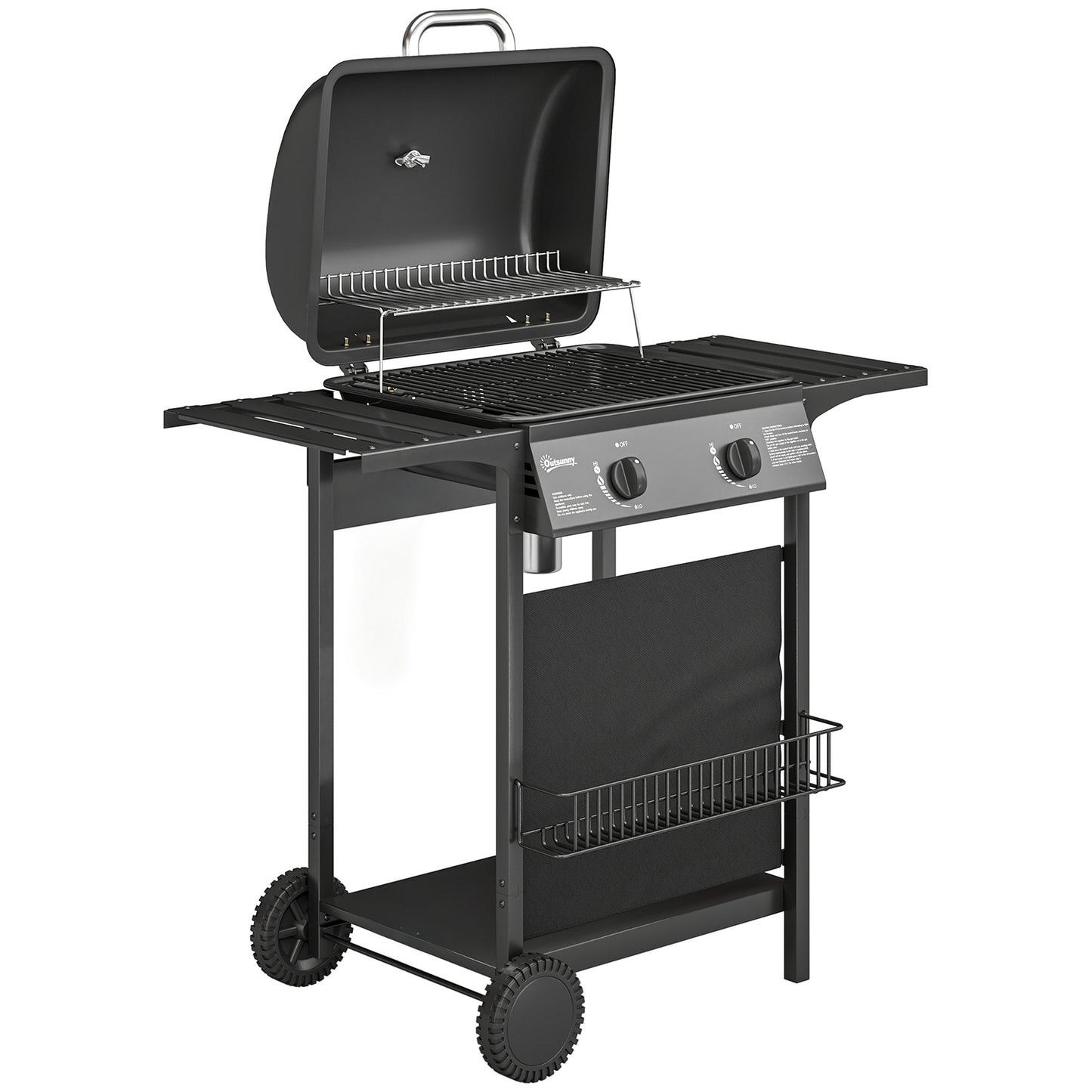 2 Burner Gas BBQ Grill | 1800cm² Enamel Grid | Side Tables | Warming Rack | Lid Thermometer | Grease Tray | UKCA | Black
